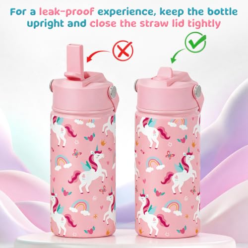 Kids Water Bottle 12oz Stainless Steel with Straw Lid - Mermaid & Unicorn Variation