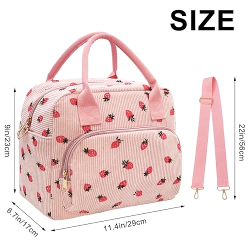 Beurlike Strawberry Pink Insulated Lunch Bag - Corduroy Tote for Work & Picnic