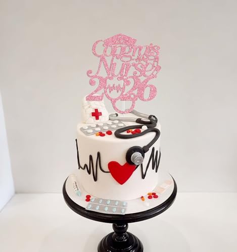 Congrats Nurse 2026 Cake Topper - Pink Glitter for Graduation