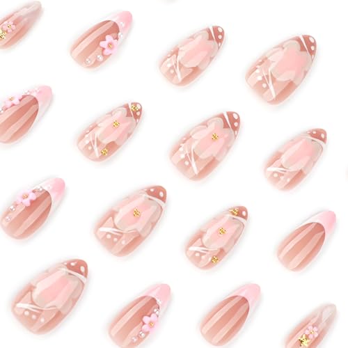 Hibiscus Flower Press on Nails Medium Almond Fake Nails with Rhinestones