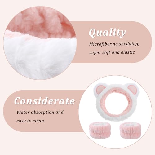 Dopenspi 3-Piece Bear Ears Spa Headband and Absorbent Wrist Towels Set