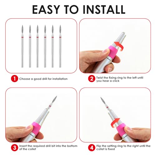 YUXIANLB 6pcs Diamond Cuticle Drill Bit Set with Case 3/32" Flame Manicure Tools