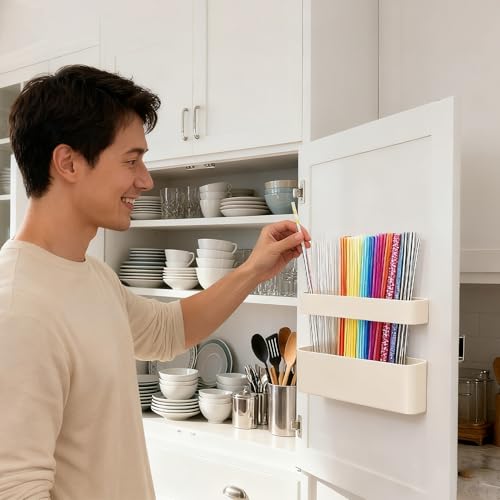 MoodLife White Silicone Straw Holder for Cabinet Door - 2 Pack Organizer with Washable Adhesive