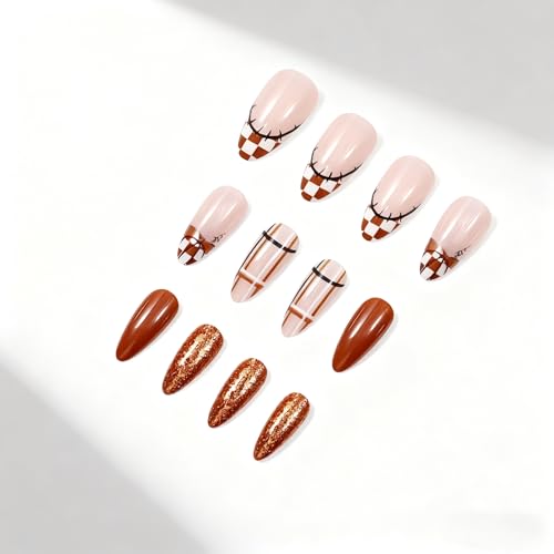 Fall Press On Nails Medium Almond Thanksgiving Pumpkin Plaid Acrylic Fake Nails