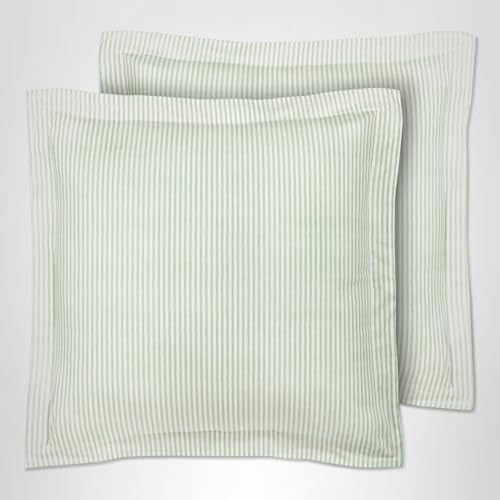 Laura Ashley - Euro Shams, 100% Smooth Cotton with Envelope Closure, Throw Pillow Cover for Bed or Couch, Oeko-Tex Certified, Set of 2 (Ticking Stripe Green, 26" x 26")