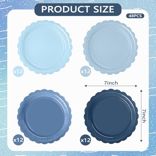 WNINK 48 Pcs Gradient Blue Disposable Paper Plates - 7" Scalloped Dessert Plates for Parties