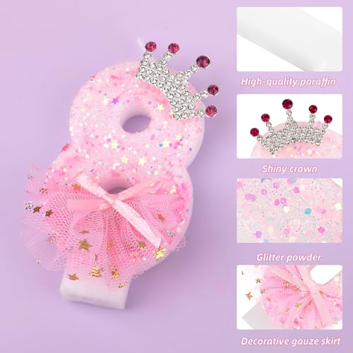 Pink Number 8 Glitter Crown Birthday Candle with Bow
