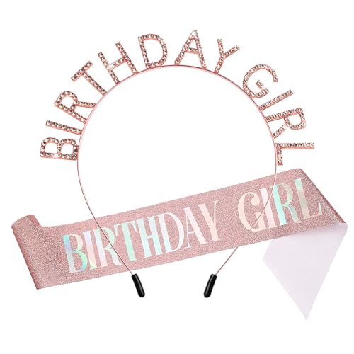 Lorzot Rose Gold Birthday Girl Sash and Rhinestone Tiara Crown Set