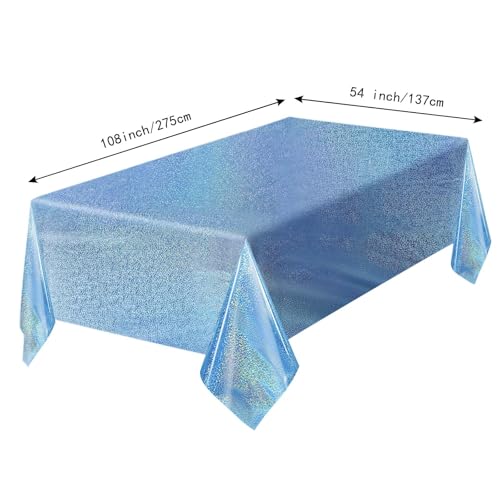 Light Blue Iridescent Plastic Tablecloth - 54 x 108 Inch Disposable Glitz Party Cover, FALIZIFU