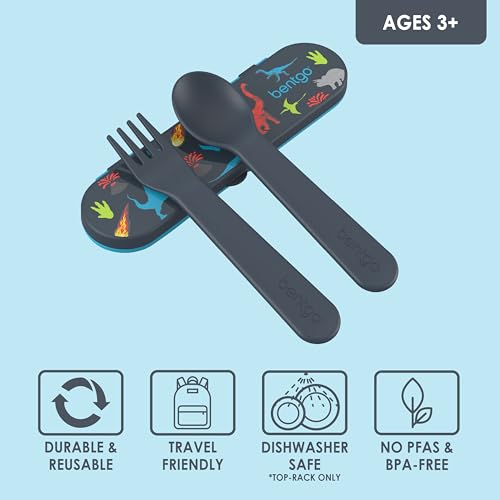 Bentgo Kids Dino Plastic Utensil Set with Fork & Spoon in Storage Case