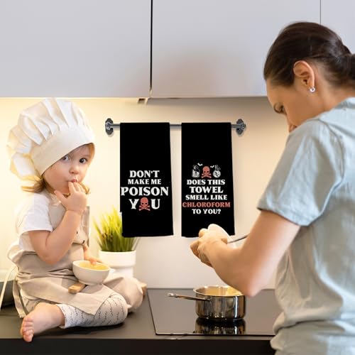 Funny Kitchen Towels Set of 2 - Don't Make Me Poison You Black Humor Dish Towels