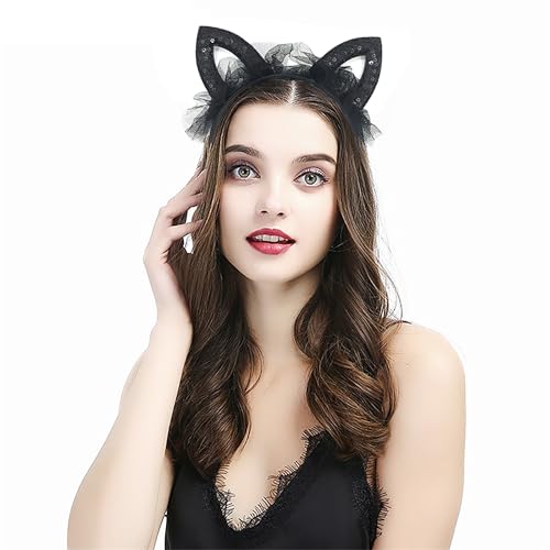 Black Lace Cat Ears Headband with Bow and Polka Dots for Halloween Costume