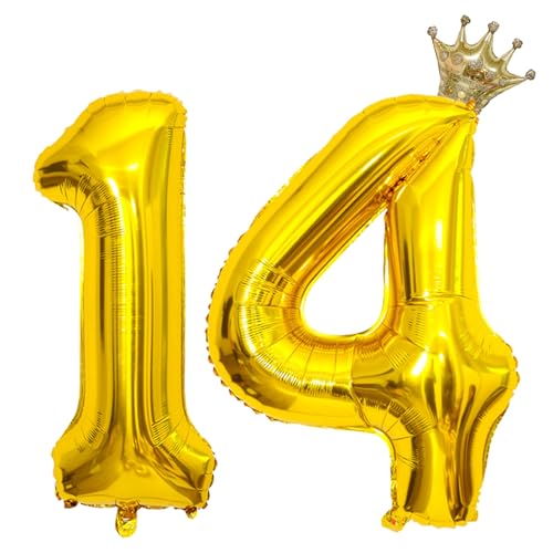 32 Inch Gold Number 14 Crown Balloon Set for 14th Birthday Party and Anniversary