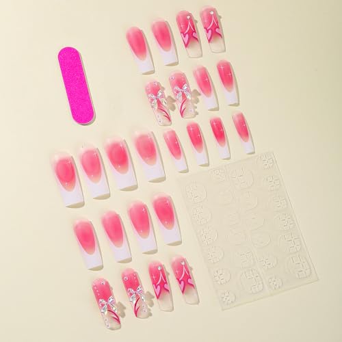 Pink French Tip Press on Nails Medium Square Fake Nails with Ribbon