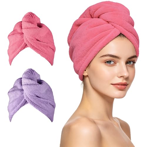 ADOGO Microfiber Hair Towel 2 Pack - Pink & Purple Drying Wraps for All Hair Types