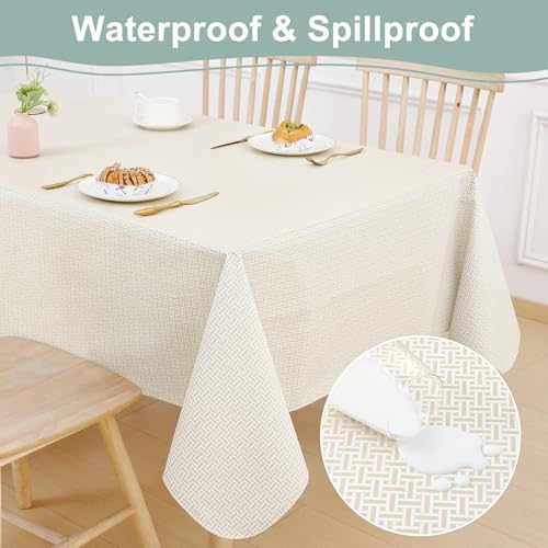 misaya 70x52 Inch Waterproof Vinyl Rectangular Tablecloth with Flannel Backing - Light Khaki