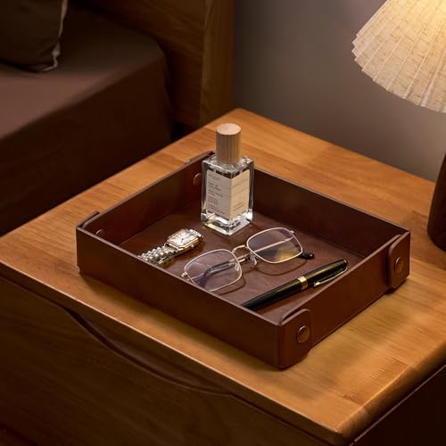 Josmimic Valet Tray Organizer, Collapsible Faux Leather Catch All - Brown