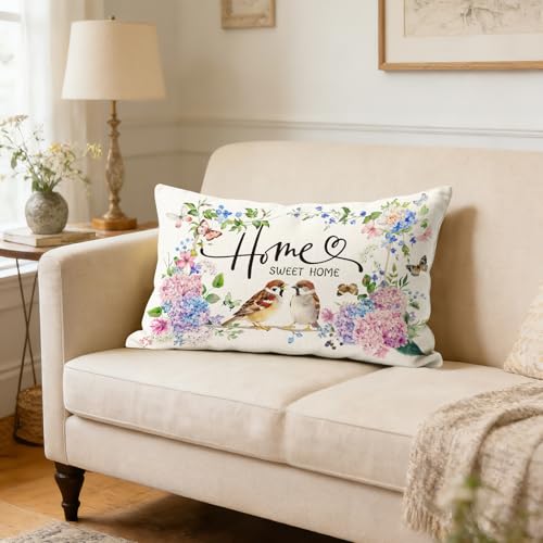 Spring Flower Bird Pillow Cover 12x20 Inch Home Decor Cushion Case