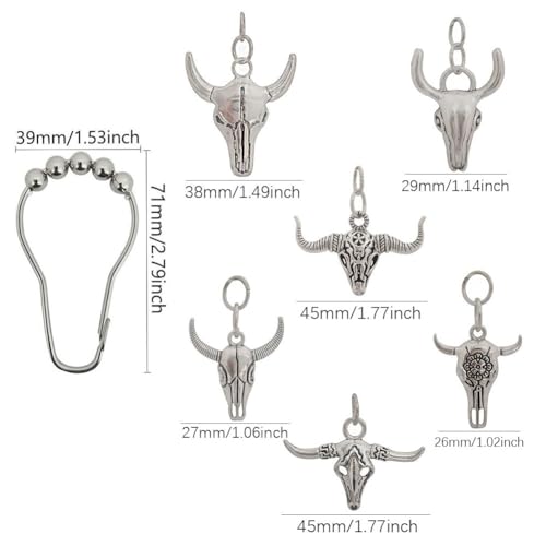 Set of 12 Bull Skull Decorative Shower Curtain Hooks