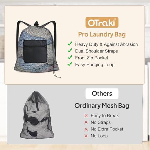 OTraki Heavy Duty Mesh Laundry Backpack Bag with Pocket - 24x27 Inch