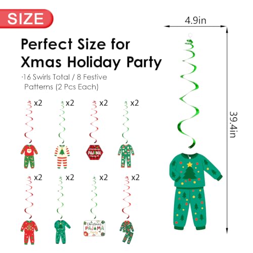 16 Pack Christmas Pajama Party Decorations Swirls - Holiday Festive Hanging Ornaments