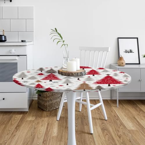 56-Inch Round Elastic Christmas Tablecloth with Red White Tree Design - Waterproof & Fitted Fleece for Kitchen, Party