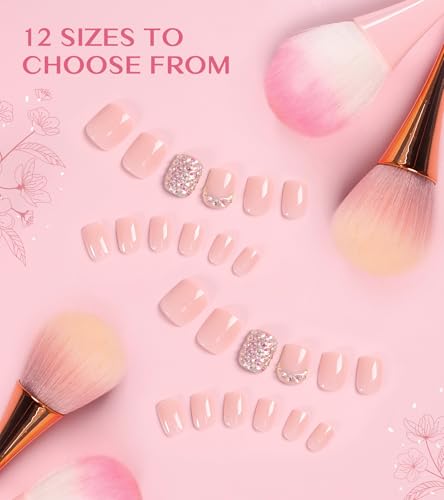 Kikmoya Short Square Press On Nails Glossy Nude Fake Nails with Rhinestones