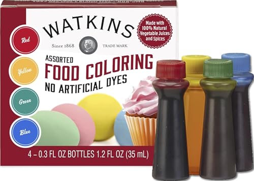 Watkins Assorted Food Coloring, Natural Vegetable-Based Dyes, 4 x 0.3 oz