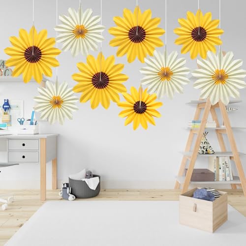 Sunflower Paper Fans - 9pcs Yellow Flower Decorations for Parties