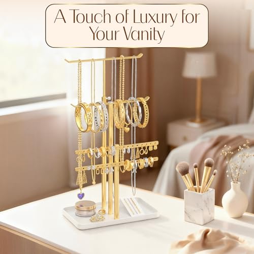 Adjustable Gold Jewelry Tower Stand Organizer for Women - Elegant Display with Necklace, Earring & Bracelet Holders