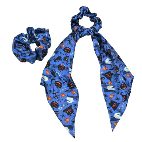 2-Piece Halloween Hair Scrunchies - Spooky Spider Web & Pumpkin Elastic Hair Ties for Women