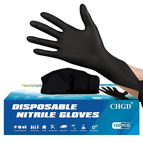 CHGD Disposable Nitrile Gloves, Powder-Free, Black, X-Large (100 Count)