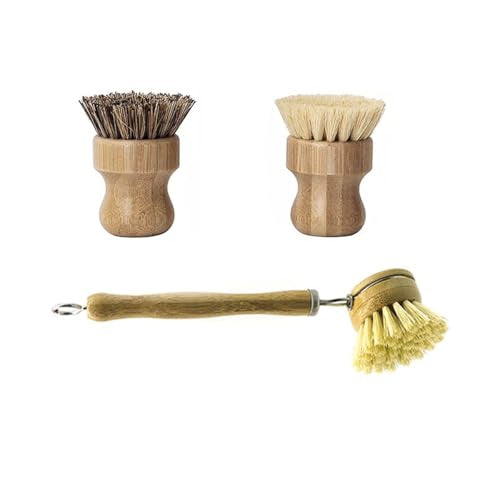 Eco-Friendly Bamboo Dish Brush Set - 1 Long Handle & 2 Palm Scrubbers, Plastic-Free Kitchen Cleaning