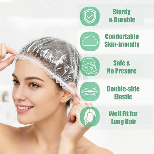 AURAADORN 100 Pcs Disposable Shower Caps 20.5 Inch Large Waterproof Plastic Bath Hair Caps