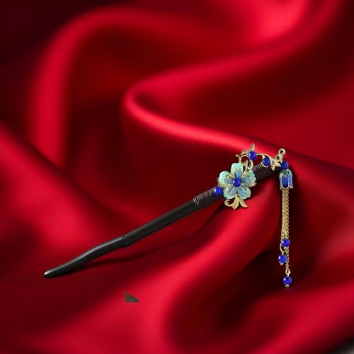 Blue Wooden Hair Stick Vintage Tassel Floral Hairpin for Updos Hanfu