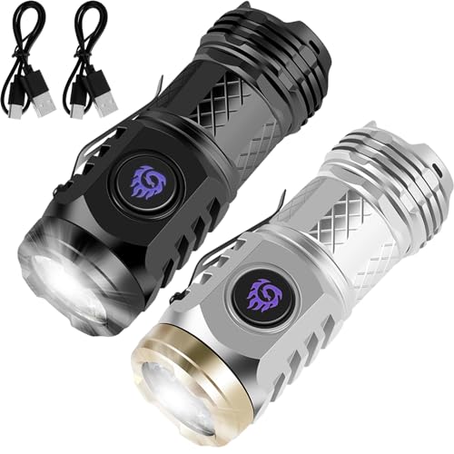 2Pcs German Three-Eyed Monster Mini Flashlight, Super Power Thumb Light with Clip, Portable LED Torch (Black+Silver)