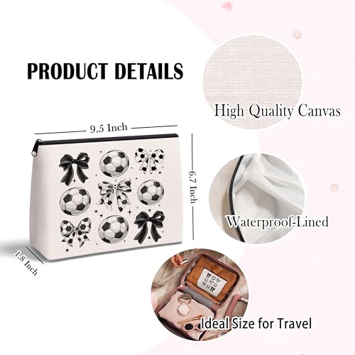 Soccer Makeup Bag Bow Cosmetic Zipper Pouch Travel Toiletry Bag