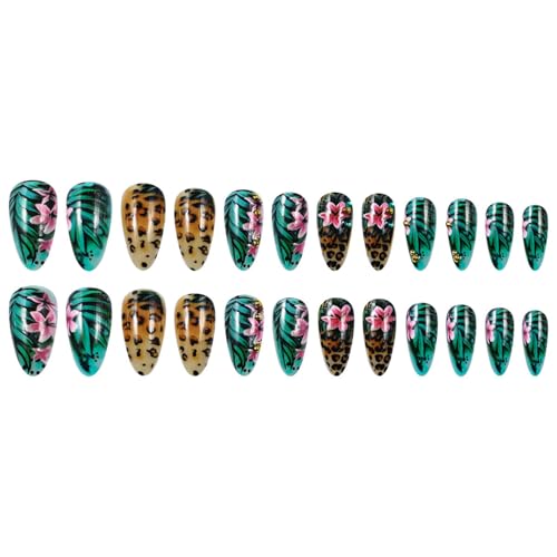 Green Tropical Floral Press on Nails Medium Almond Reusable Set