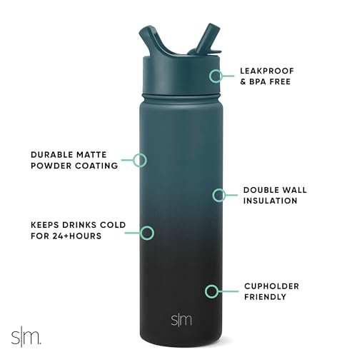 Simple Modern Water Bottle with Straw Lid Vacuum Insulated Stainless Steel Metal Cup Bottles | Reusable Leak Proof BPA-Free Flask for School | Summit Collection | 22oz, Moonlight