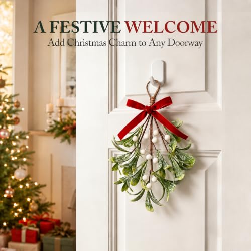 Christmas Mistletoe Decorations with Velvet Bow & White Berries - 2PCS Classic Variation
