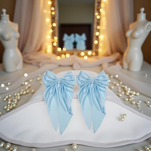 Light Blue Jumbo Satin Hair Bow Clip 2-Piece Long Tail Bowknot Barrette