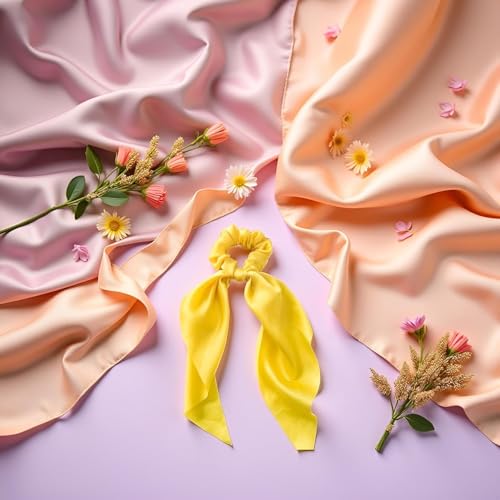 Cauaoa Yellow Satin Ribbon Bow Scrunchies Hair Ties 2-Pack