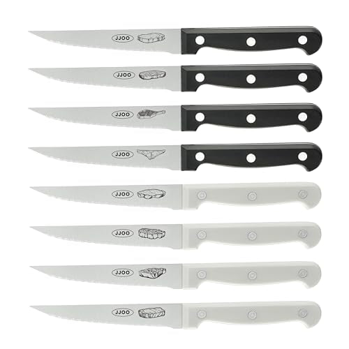 JJOO Premium Serrated Steak Knives Set of 8 - 4 Black & 4 White