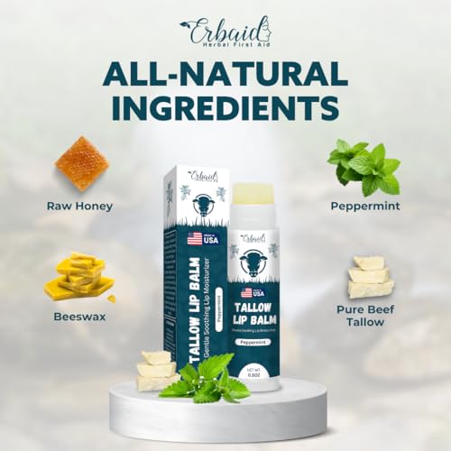 Erbaid Beef Tallow Lip Balm – Grass-Fed Tallow & Beeswax Chapstick with Peppermint