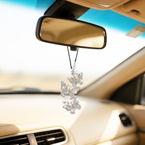 Bittwee Butterfly Crystal Car Rearview Mirror Ornament - White