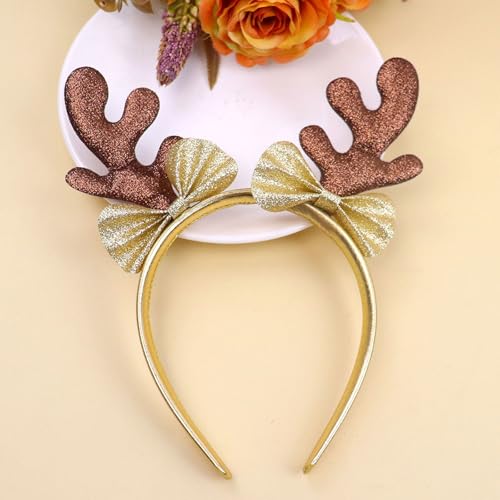 Ecuupas Christmas Antler Headband with Gold Bow Deer Ears Hair Hoop