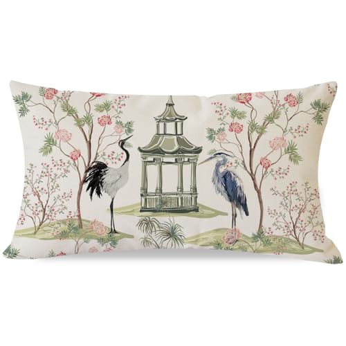 Chinoiserie Throw Pillow Cover 12x20 Inch Pink Green - PANDICORN