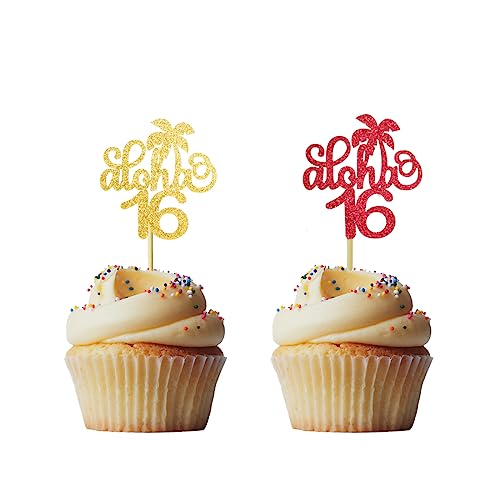 Gold Glitter Aloha 16th Cupcake Toppers - 24 PCS Party Decor