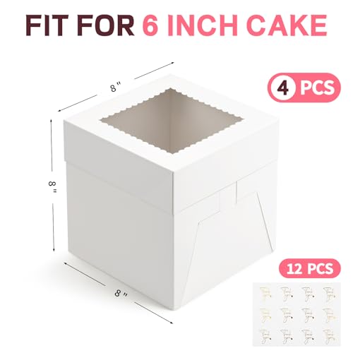 ZORRITA 8x8x8 Inch Cake Boxes with Window - 4 Pack for Parties