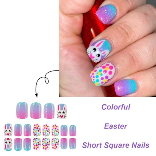 BHOOKA Easter Press on Nails Short Square Rabbit False Nails 24 Pcs